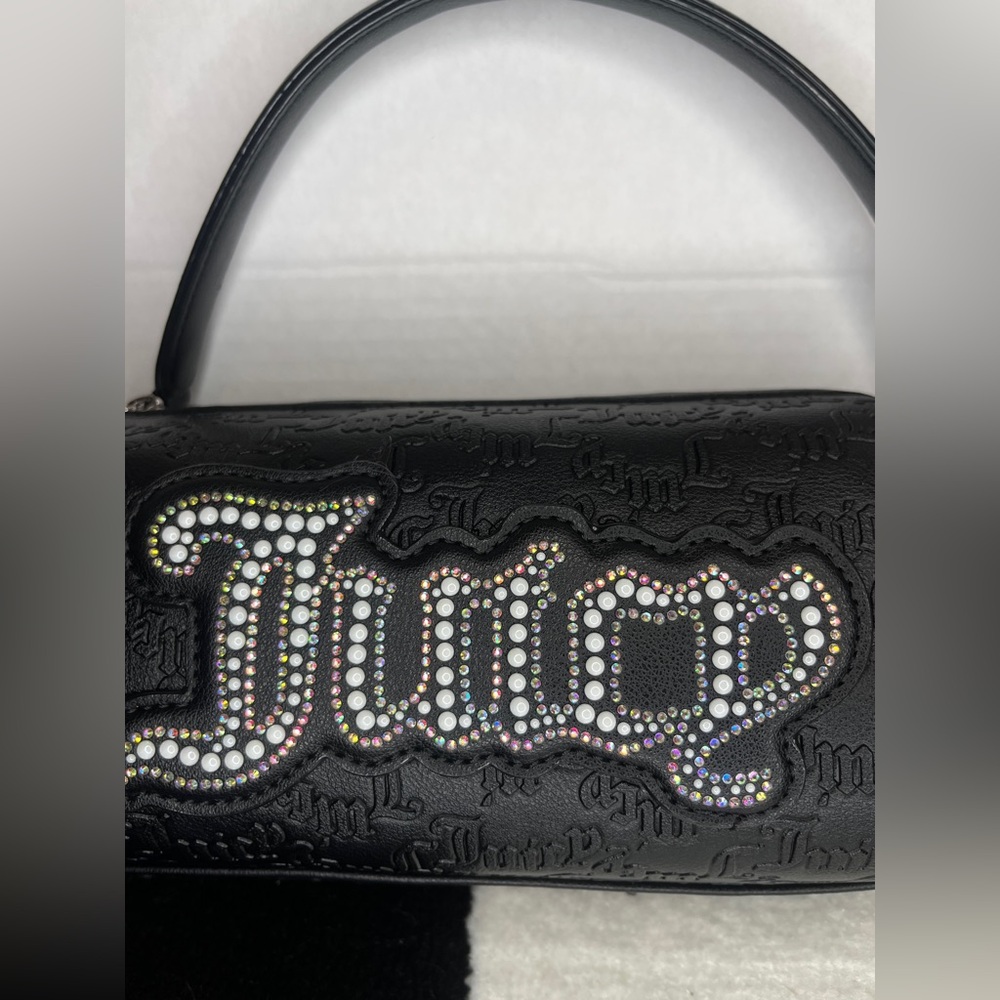 Juicy Couture Black Barrel Shoulder Bag Rhinestone Pearl Logo & Chain Strap - Picture 4 of 10